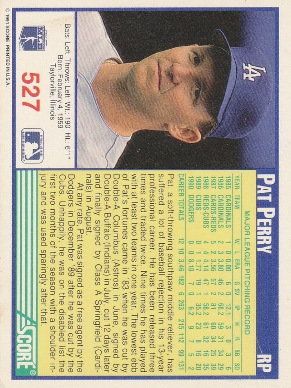 Pat Perry - Score '91 Baseball Card - Picture 2 of 2